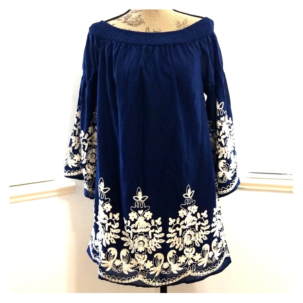 Kori embroidered bell sleeve scoop neck dress